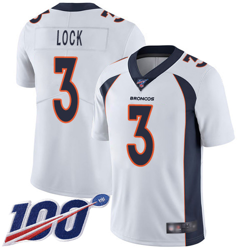 Denver Broncos Limited Men White Drew Lock 100th Season Road Jersey 3 Vapor Untouchable NFL Football Nike